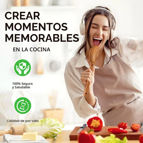 Vista 7 de Cucharas de madera para cocinar, 6 piezas, juego natural de utensilios de cocina de madera de teca, juego de utensilios de cocina con mango largo