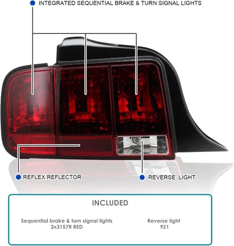 Vista 3 de SPEC-D TUNING Luces traseras secuenciales rojas compatibles con Ford Mustang 2005-2009, conjunto de par izquierdo + derecho rojo (Red Lens)