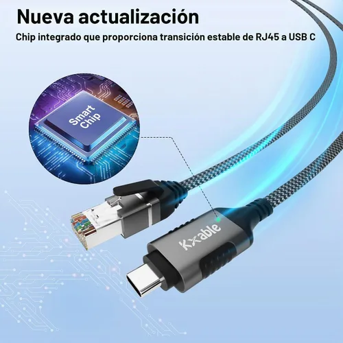 Vista 6 de Cable USB C a Ethernet plano de 4 pies, cable RJ45 a USB tipo C, conectado directamente, red LAN Gigabit, OFC, para MacBook Pro, iPad Pro, iPhone