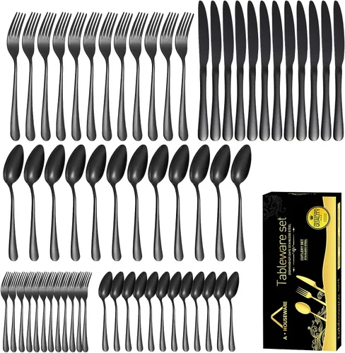 Vista 8 de Juego de cubiertos negros para 12 cubiertos de acero inoxidable, 60 piezas, cuchara, tenedor, cuchillo, utensilios de cocina, mango redondo ancho
