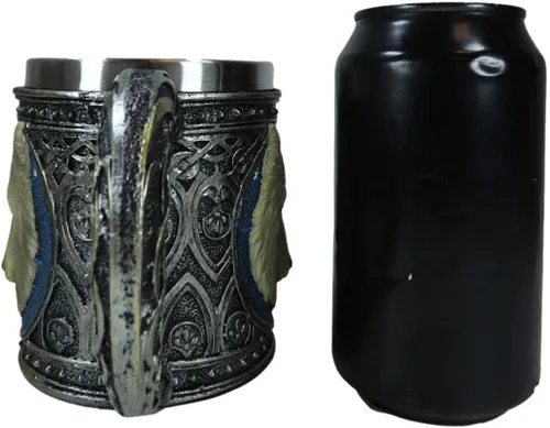 Vista 4 de Ebros Gift Taza de resina mágica tribal celta de lobo gris alfa de 16 onzas con borde de acero inoxidable para café, té, cereales, bebidas, fiesta