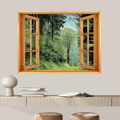 Vista 26 de SIGNWIN Adhesivo de pared removible/mural de pared para ventana, vegetación exuberante y árboles iluminados por el sol, fotografía, realismo