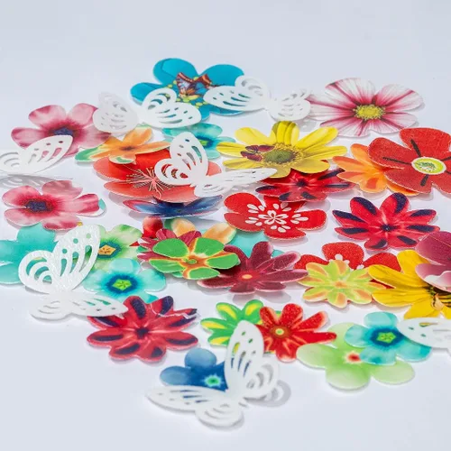 Vista 2 de Flores comestibles, hojas comestibles y mariposas comestibles blancas, papel de oblea, decoración de cupcakes para decorar papel de arroz