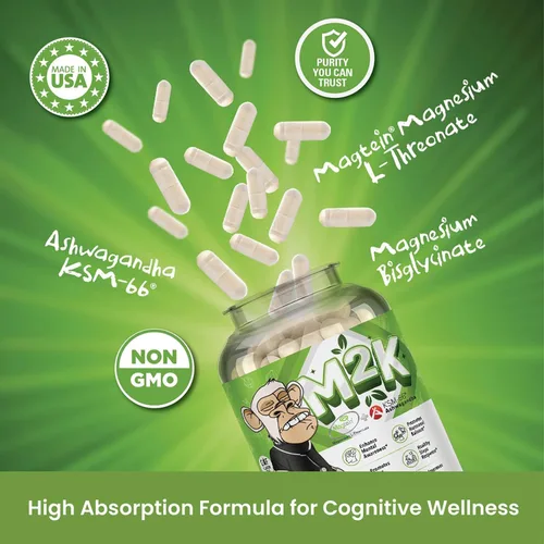 Vista 4 de Bored Nutrition M2K: Magteína Magnesio L-treonato y Ashwagandha Suplemento - 1500 mg Magteína, 300 mg KSM-66, más 200 mg de magnesio