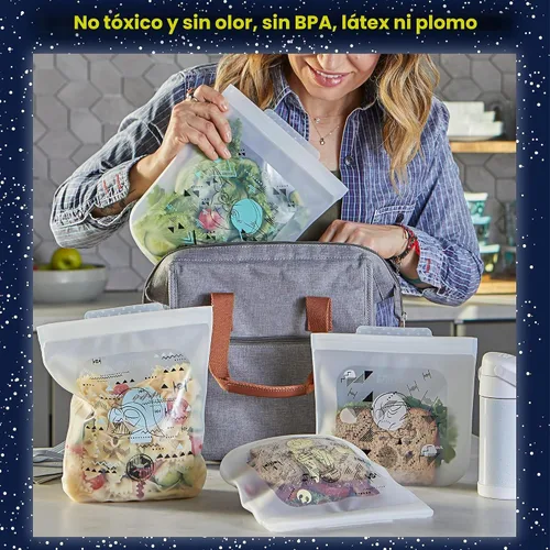 Vista 7 de Pyrex Juego de almacenamiento de silicona platino de 4 piezas, 2 bolsas de sándwich reutilizables, 2 bolsas reutilizables de medio galón,