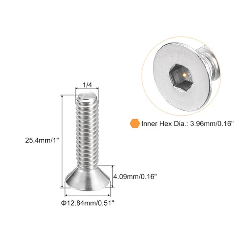 Vista 2 de uxcell Tornillos de cabeza avellanada plana 1/4-20x1, 20 tornillos de cabeza plana de acero inoxidable 304, rosca completa, pernos avellanados