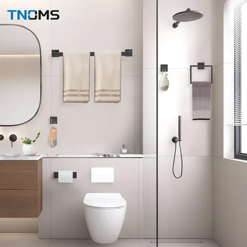 Vista 7 de Juego de Barras Portotoallas Negro Mate de 5 Piezas, Juego de Accesorios de Ferretería para Baño, Juego de Portotoallas Moderno de 23.6 Pulgadas