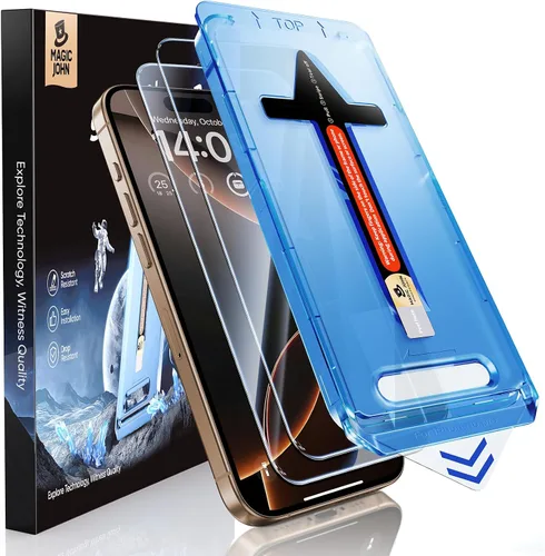 Vista 10 de MAGIC JOHN Paquete de 2 protectores de pantalla de vidrio templado para iPhone 16 de 6.1 pulgadas (no Pro), eliminación automática de polvo, sin