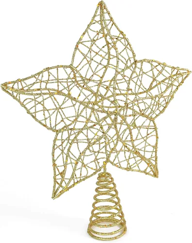 Vista 4 de Ornativity - Estrella con brillantes dorada para la punta del árbol - Estrella de alambre con destellos dorados, flor con pétalos frondosos