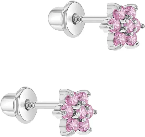 Vista 2 de Aretes de seguridad chapados en rodio con circonita cúbica, para niños pequeños y niñas jóvenes, de 0.197in, delicados y brillantes aretes florales
