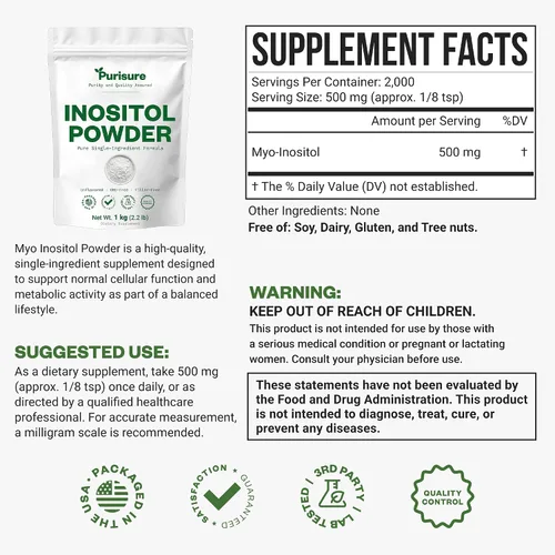 Vista 2 de Purisure Inositol en polvo, 2.2 lbs, fertilidad, equilibrio hormonal y apoyo ovárico, polvo de inositol puro, suplemento de inositol para apoyar