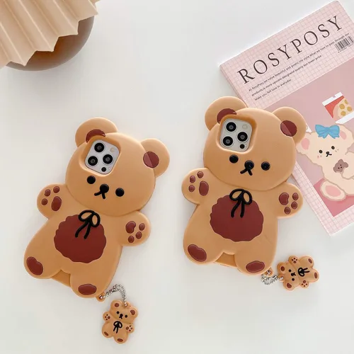 Vista 8 de Yatchen Bear Case Compatible con iPhone 7 Plus/8 Plus, funda de teléfono Kawaii, lindo oso de peluche de dibujos animados en 3D con llavero