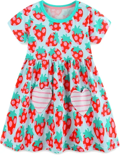 Vista 9 de Bumeex - Vestidos de verano para niñas pequeñas, de algodón, estampado de caricatura, manga corta, vestidos casuales para niñas, vestidos de sol