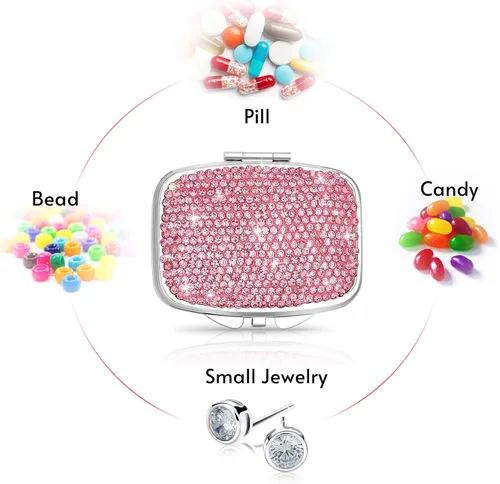 Vista 5 de Soleebee Pastillero de cristal brillante, portátil con 2 compartimentos, organizador diario de píldoras, pequeño estuche de viaje para bolso