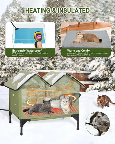 Vista 2 de Casa climatizada para gatos exteriores en invierno, casa para gatos climatizada extra grande al aire libre resistente a la intemperie con base