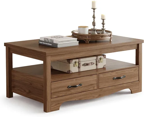 Vista 12 de LINSY HOME Mesa de centro de granja con almacenamiento, mesa de centro de madera para sala de estar, área de exhibición abierta y cajones