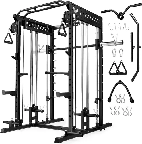 Vista 16 de JELENS M21 - Máquina Smith, jaula de potencia multifunción con sistema de cruce de cable de polea doble, banco de sentadillas todo en uno de 907 kg