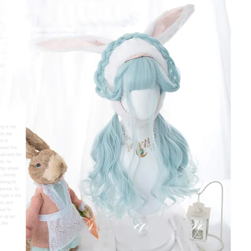 Vista 5 de Filuckyve Peluca de cosplay de 23.6 pulgadas de largo con flequillo, ondulada Harajuku, linda peluca para fiestas diarias para mujeres y niñas