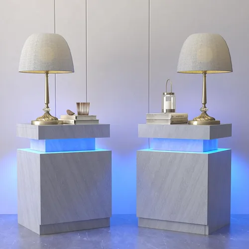 Vista 15 de oneinmil Juego de 2 mesitas de noche con luces LED, mesita de noche con armario de almacenamiento para dormitorio, mesita de noche con LED