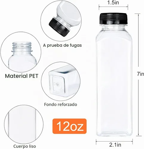 Vista 2 de DANALLAN 24 botellas vacías de jugo de 12 onzas con tapas, botellas de plástico reutilizables de primera calidad, contenedor de jugo, tapas negras
