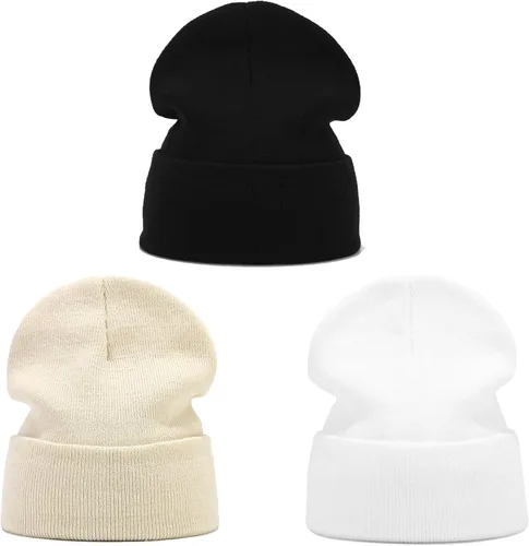 Vista 2 de Voilipex Paquete de 3 gorros de punto unisex para invierno, cálidos, con puños, acanalados, con calavera, sombrero de trineo para mujeres y hombres