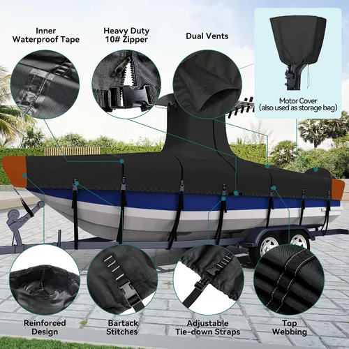 Vista 6 de Cubierta para Barco Resistente True 1200D T-Top de 17ft - 19ft con Cubierta para Motor, Solución 100% Impermeable Teñido en Solución Consola Central