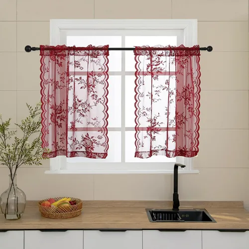 Vista 17 de Cortinas de encaje beige, juego de 2 paneles de cortinas traslúcidas con bolsillo para cortinero, decoración de ventana pequeña, baño, sótano