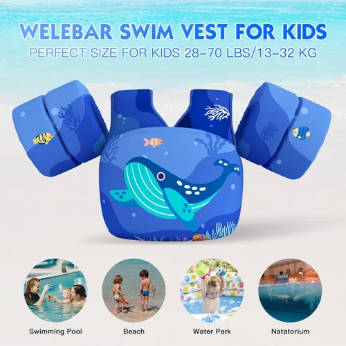 Vista 2 de Chaleco de natación para niños pequeños, apto para niños de 28 a 70 libras, flotadores para niños y niñas, ayuda a la natación, entrenamiento, traje