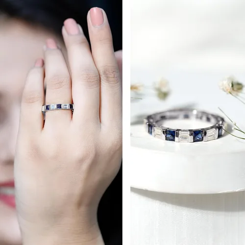 Vista 2 de Certified Lab Grown Blue Sapphire Eternity Band, AAAA Quality, Sapphire Moissanite Anniversary Ring - Ready To Gift