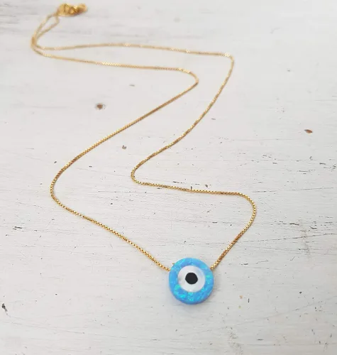 Vista 4 de Blue Opal Evil Eye Necklace,10mm created Opal,14k gold filled chain length 16 inch+ extension