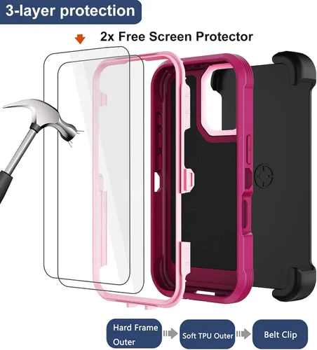 Vista 3 de Funda para iPhone 16 de 6.1 pulgadas con funda y clip para cinturón, 2 protectores de pantalla, resistente de uso pesado de grado militar, cuerpo
