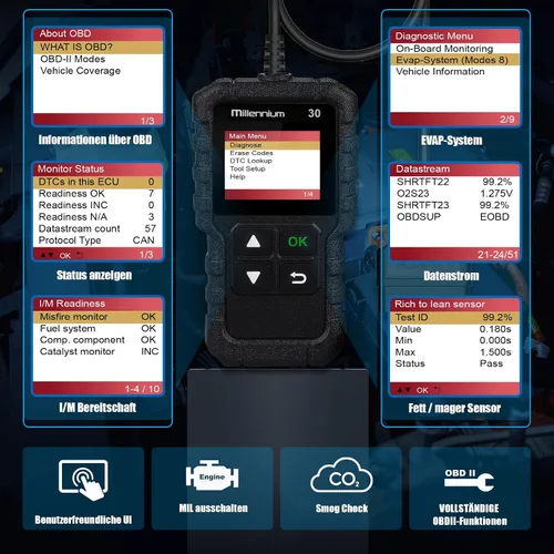 Vista 5 de LAUNCH Millennium 30 OBD2 escáner, lector de código de coche con funciones OBD2 completas, herramienta de diagnóstico de coche de luz