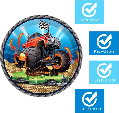 Vista 3 de OXYLIPO Paquete de 24 platos de papel de postre Monster Truck de 9 pulgadas, platos redondos desechables para automóvil, platos de fiesta, baby