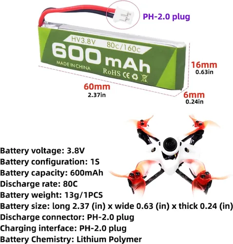 Vista 2 de 2 unidades 1S 3.8V 80C 600mAh batería de litio con conector JST-PH 2.0 enchufe y cable de carga USB para Cineahoop Tinyhawk Mini FPV Racing Drone RC