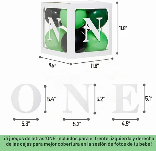 Vista 3 de Cajas de Globos de Primer Cumpleaños 'ONE' para 1 Año CON 24 Globos - Decoraciones de Primer Cumpleaños para Bebé Bloques de Cubo Transparente Verde