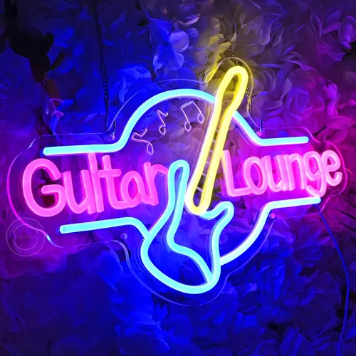Vista 4 de Britrio Letrero de neón de guitarra, decoración de pared, sala de música en vivo, sala de bandas, sala de estar, oficina, dormitorio, hombre, cueva