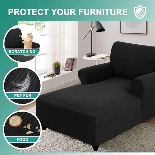 Vista 3 de Protector de muebles de tela jacquard a cuadros pequeños, suave con parte inferior elástica, funda para tumbona con doble brazo (negro, M)