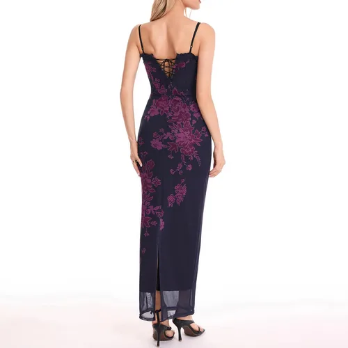 Vista 6 de Tsnbre Vestido largo con estampado floral y tirantes delgados para mujer, sexy, sin espalda, entallado, vestido largo transparente, vestido