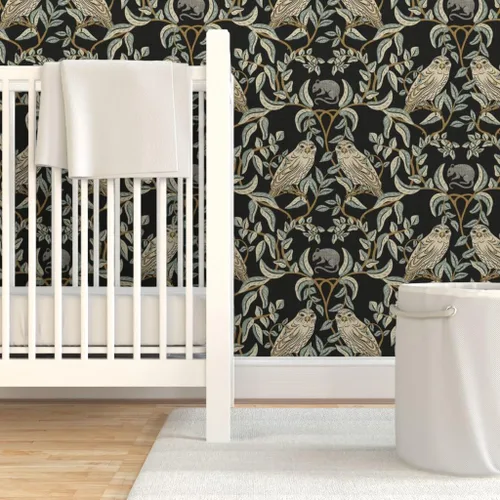 Vista 6 de Muestro de papel tapiz extraíble – Little Owl Damask William Morris Farmhouse Arts and Crafts Birds of Rapy, papel tapiz de transición verde suave