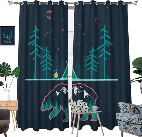 Vista 3 de Cortinas abstractas con estampado de cámper de caricaturas, divertido tema de aventura, campamento, montañas, vida silvestre, oso, tratamiento