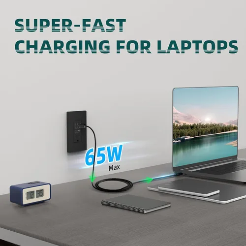Vista 2 de TOPELER Tomacorriente USB de pared negra, tomacorriente USB de carga ultrarrápida GaN de 65W para laptop, receptáculo resistente a manipulaciones