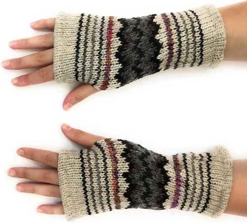 Vista 5 de Ella Sussman Guantes tejidos a mano sin dedos de invierno con rayas para usar pantalla táctil, forro interior de lana de lana suave y cálida Gris