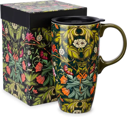 Vista 13 de DUSVALLY Taza de viaje de cerámica de 17oz con tapa, taza de café floral Azul