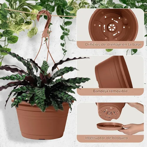 Vista 3 de 4 Piezas Macetas Colgantes para Plantas de Interior, 10" Macetas Grandes de Plástico Colgantes con Bandejas de Drenaje y Soporte de Cadena