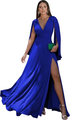 Vista 29 de Women's Long Sleeve Bridesmaid Dresses V-Neck Chiffon Ruched Formal Dress Evening Gown with Slit