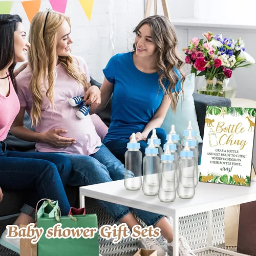 Vista 6 de TrelaCo Safari Cool Baby Shower Games Bottle Chug Sign Wooden Jungle Animals Set de regalo para revelación de género suministros de fiesta y 12
