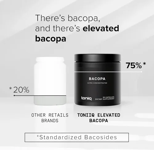 Vista 3 de Toniiq Bacopa - Extracto de ultra alta potencia 45:1 con 75% de bacosidos - altamente concentrado - probado en laboratorio de terceros - 90 cápsulas