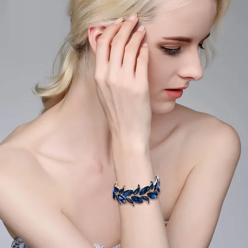 Vista 4 de BriLove Pulsera elástica de hoja con forma de marquesa de cristal nupcial para mujer
