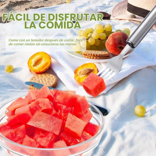 Vista 4 de Cortador de frutas de acero inoxidable 2 en 1, herramienta de corte de tenedor de sandía 2026, herramienta de corte de sandía de verano, herramienta