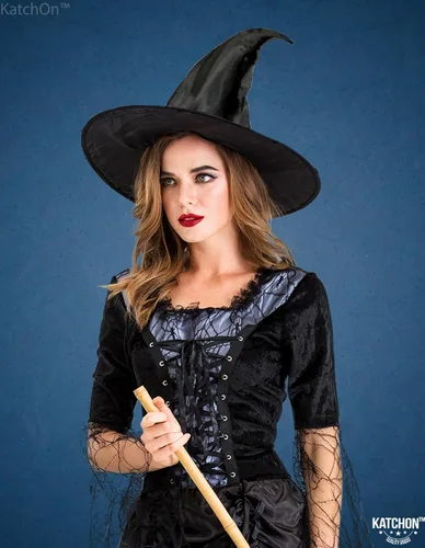 Vista 3 de KatchOn, Disfraz de bruja de Halloween para mujer, disfraz de bruja con sombrero negro Disfraces de brujas malvadas para mujer